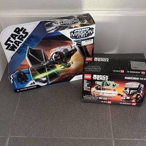 Star Wars Outland tie fighter and brick head the Mandalorian the child legos
